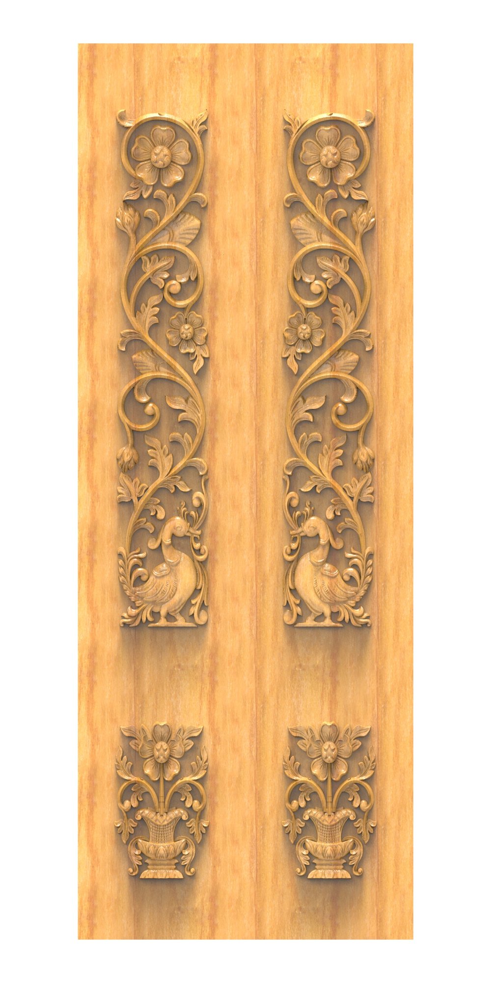 JK DD - 6 Traditional Floral and Peacock Motif Carved Door 3D Model