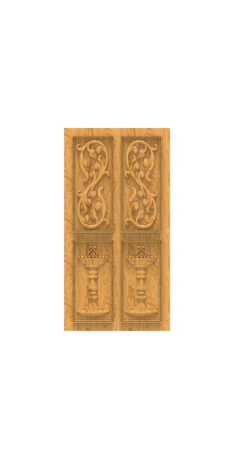 DOUBLE DOOR - 44 Divine Diya and Floral Motif Carved Wooden Door 3D Model