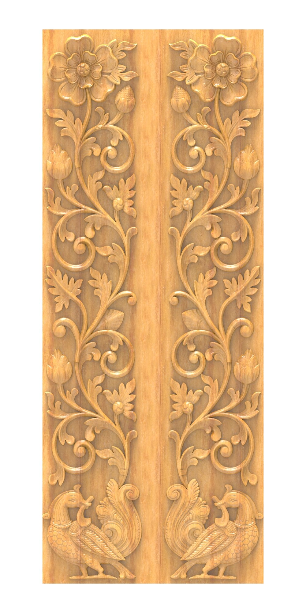 JK DD - 4 Classical Floral Peacock Motif Dual Panel Carved Door 3D Model