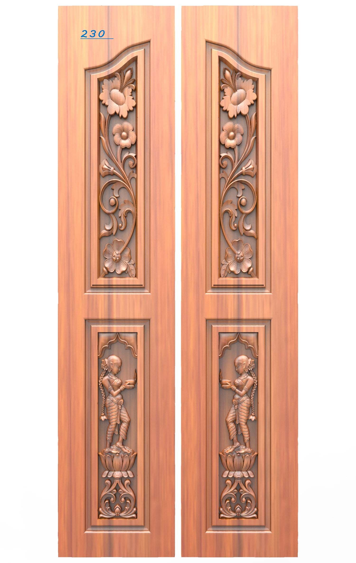 DOUBLE DOOR - D-14 Traditional Indian Lady Motif Carved Wooden Door 3D Relief Model