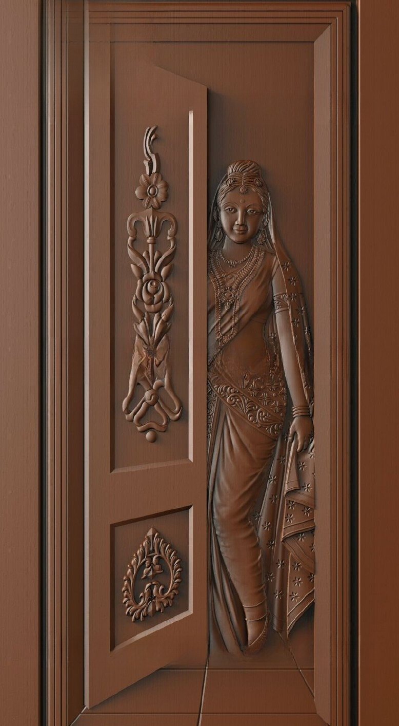 Doors - 14 Traditional Indian Lady Relief Carved Wood Door 3D Model