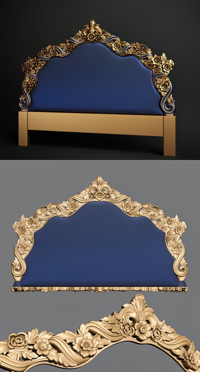 Luxury Bed Designs - A-1011 Ornate Floral Carved Headboard 3D Relief Model
