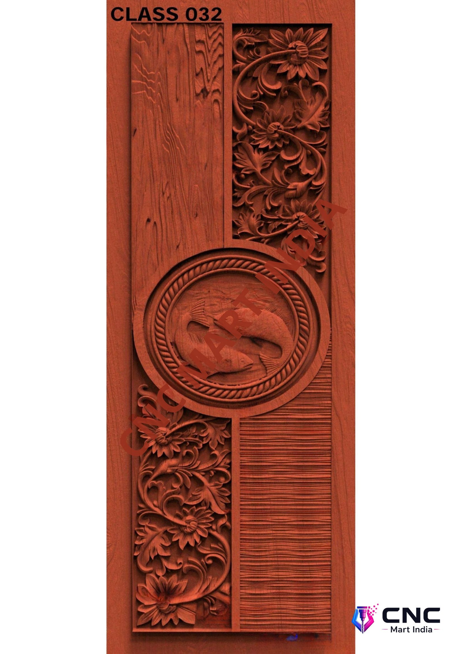 dorr854 - MODEL-32 Artistic Fish Medallion Floral Carved Wooden Door 3D Model