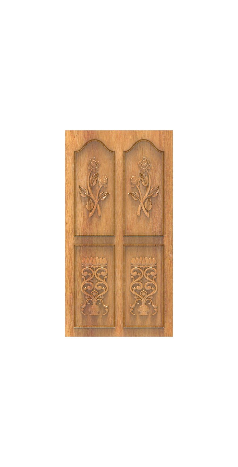 DOUBLE DOOR - 124 Floral Motif Artisan Carved Wood Panel 3D Relief Model