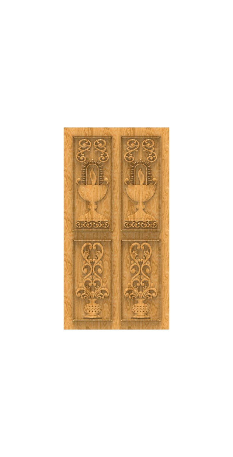 DOUBLE DOOR - 61 Traditional Diya and Floral Motif Carved 3D Relief Model