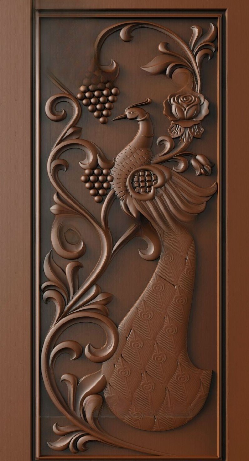 Doors - 7 Elegant Peacock and Grapevine Floral Carved Wood Relief 3D Model