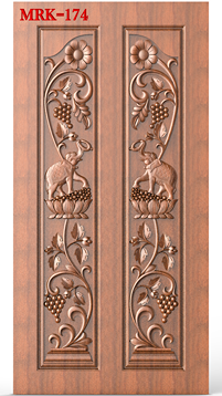 NP Door - 174 Decorative Elephant and Lotus Floral Carved Wood Door 3D Model