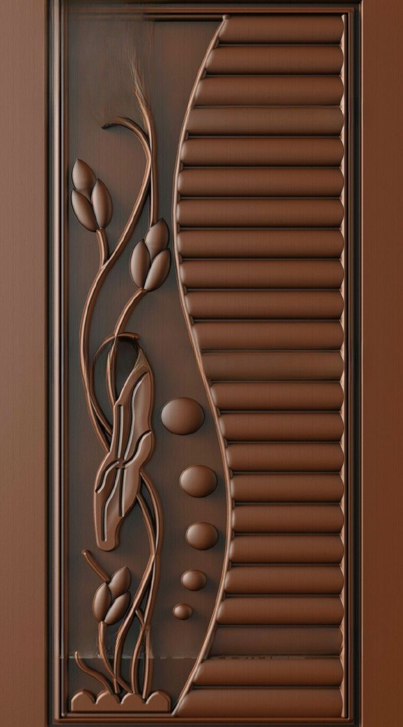 Doors - 9 Modern Floral Wave Carved Wooden Door 3D Model