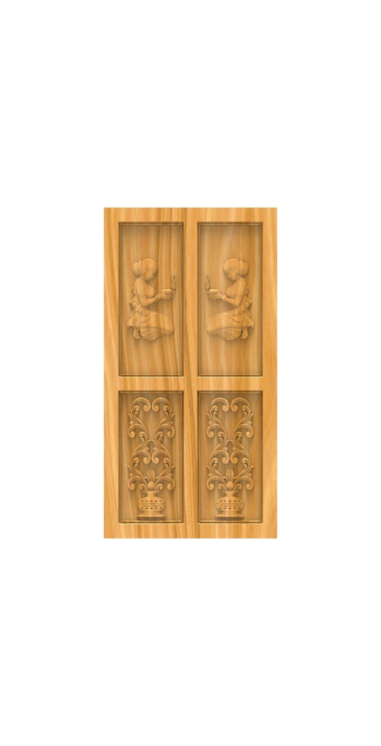 DOUBLE DOOR - 80 Traditional Indian Diya Lady Relief Carved Wooden Door Design