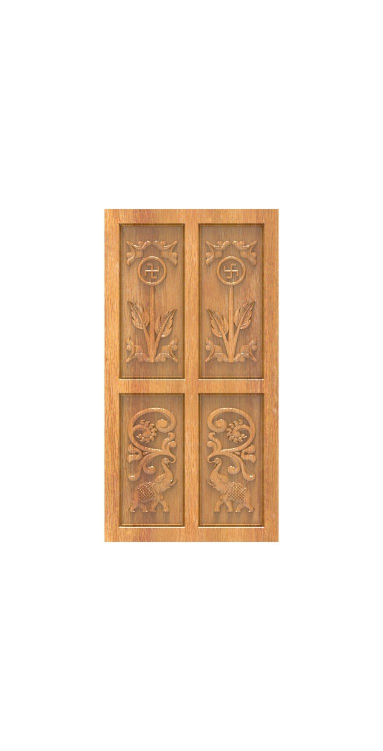 DOUBLE DOOR - 130 Traditional Indian Swastika and Elephant Carved 3D Relief Model