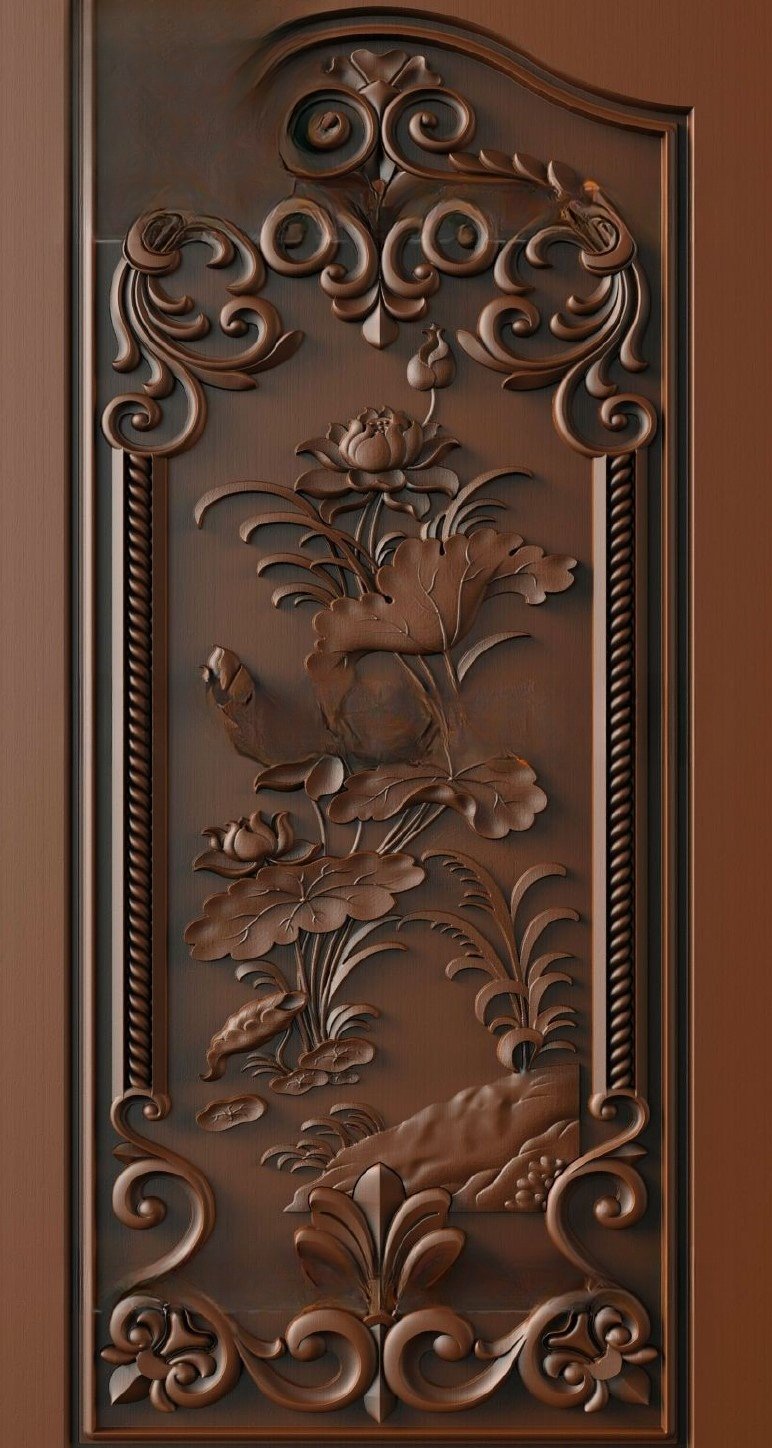 Doors - 26 Elegant Lotus Bloom Floral Relief Carved Door Design