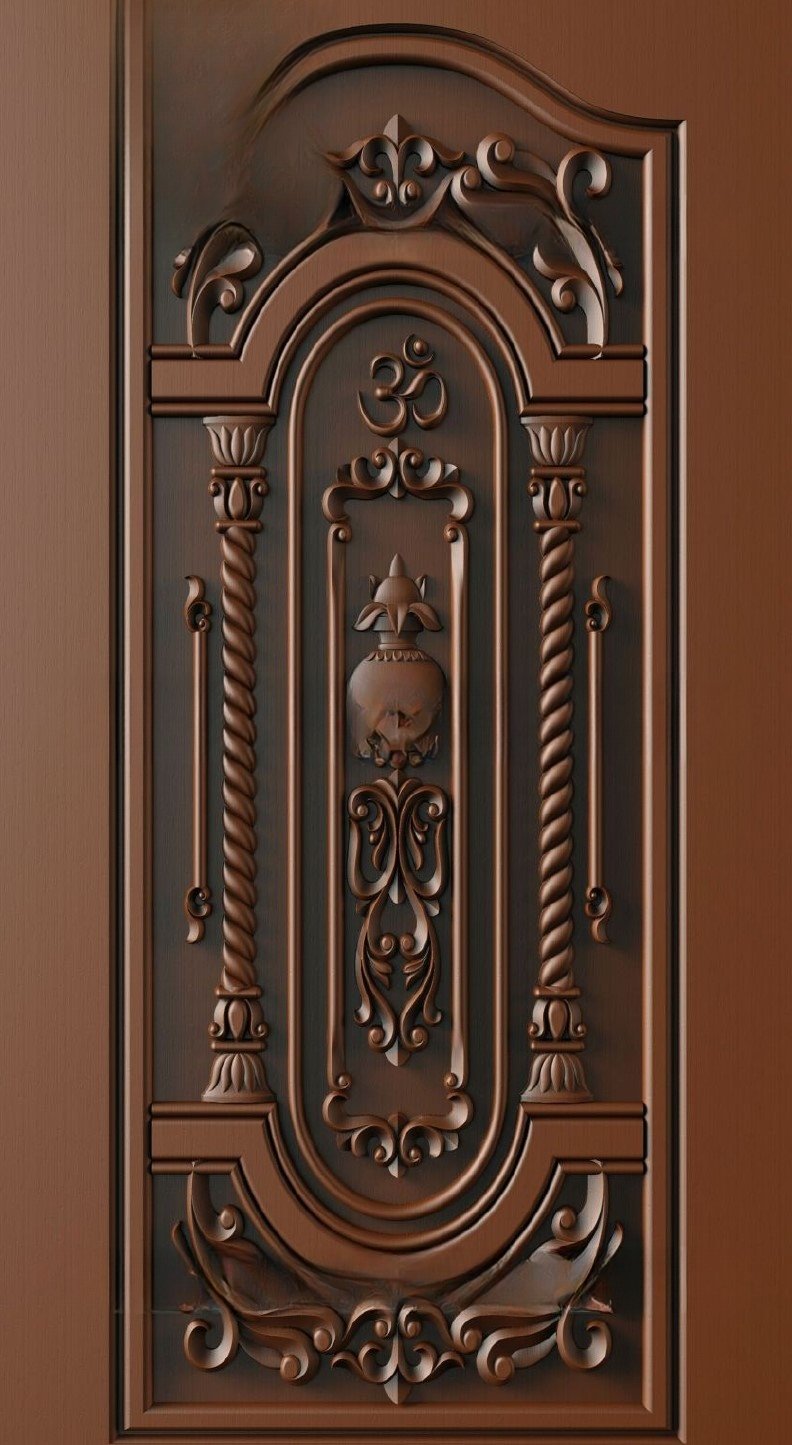 Doors - 27 Traditional Kalash and Om Symbol Wooden Carved Door 3D Model