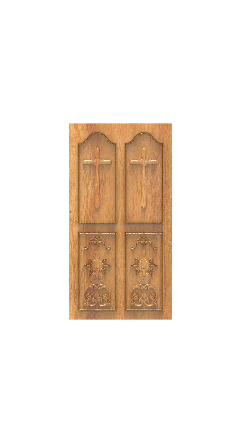 DOUBLE DOOR - 174 Religious Cross Motif Carved Wood Door 3D Model