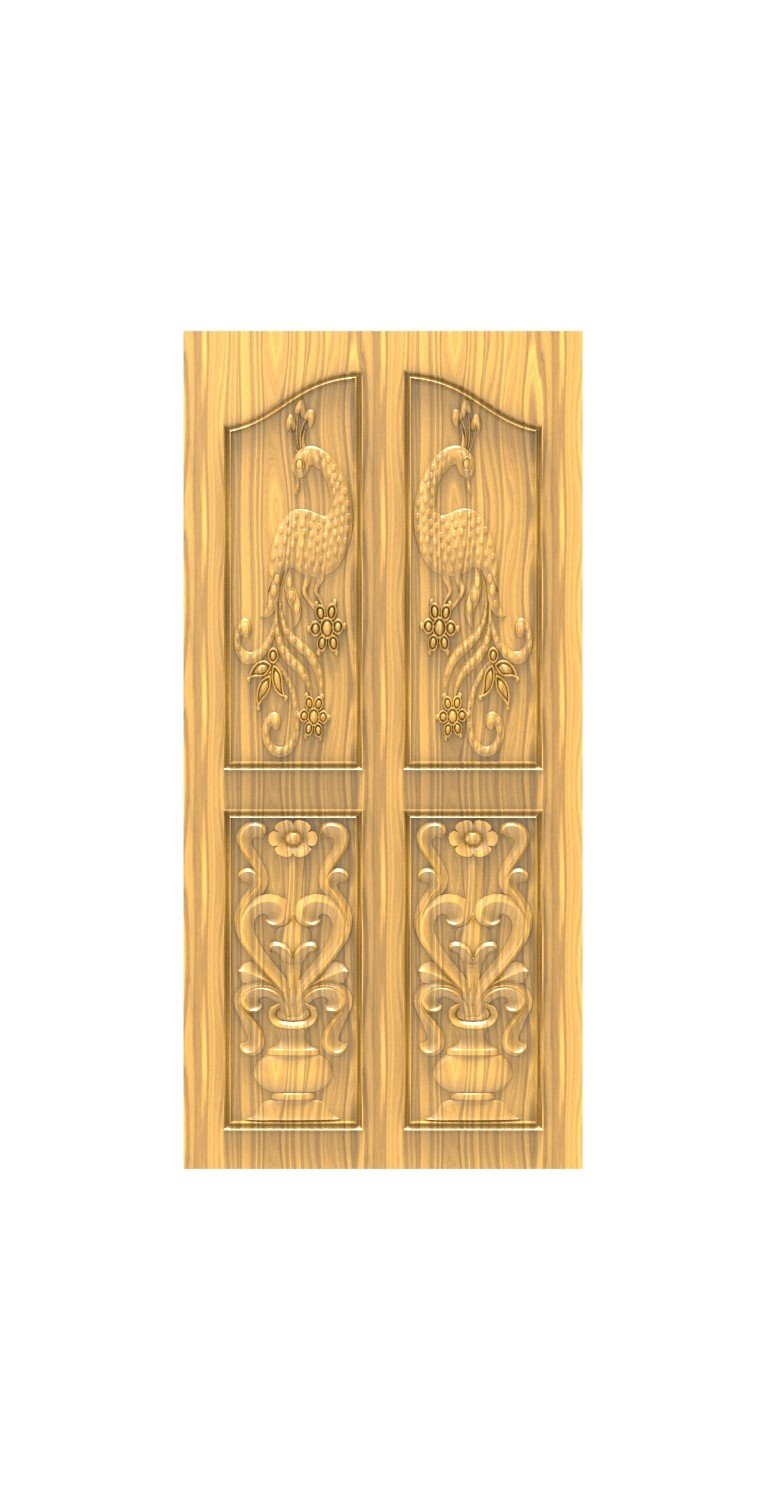 DOUBLE DOOR - 4 Elegant Peacock and Floral Carved Wood Design