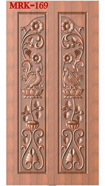 NP Door - 169 Peacock and Lotus Floral Carved Wood Door 3D Model
