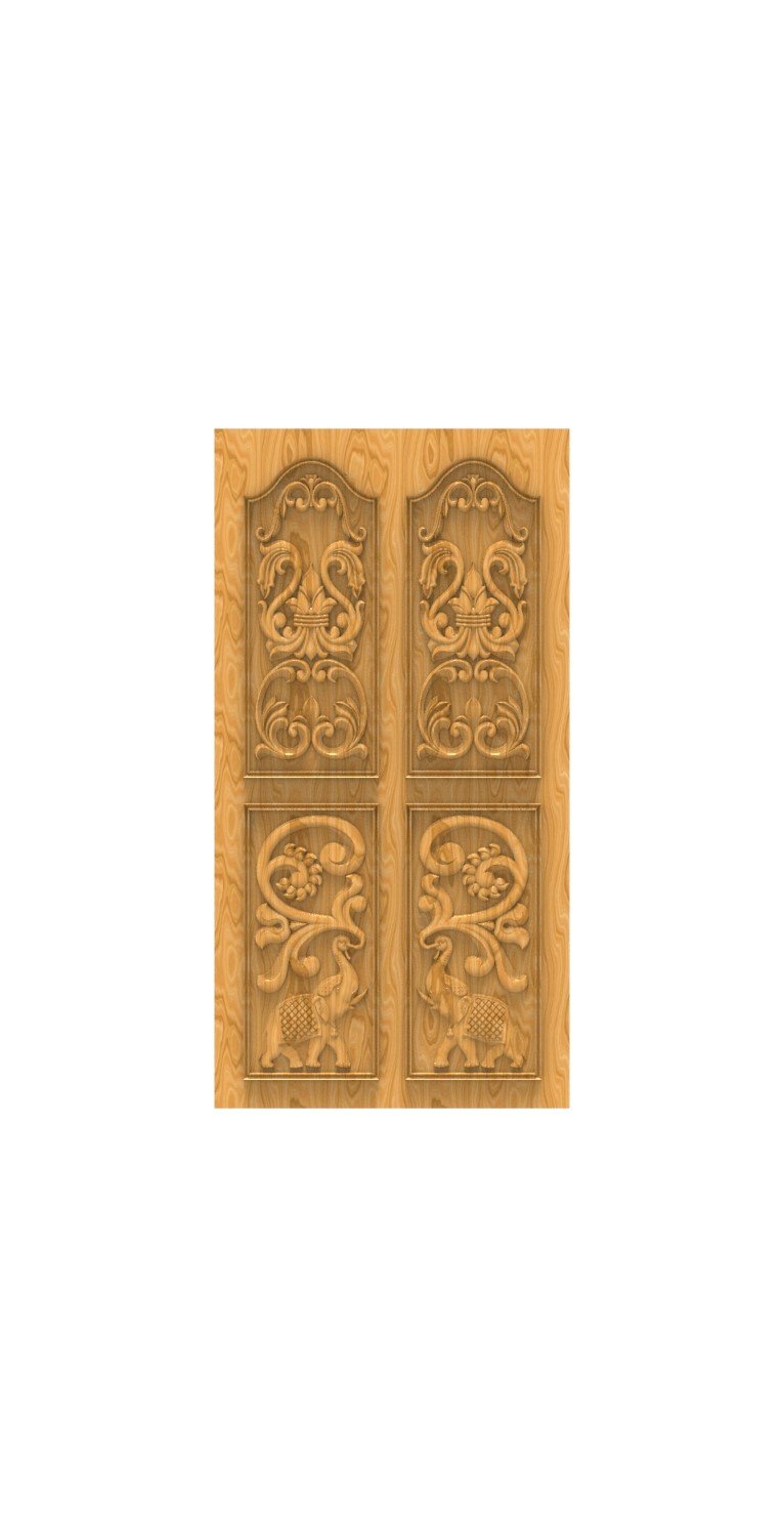 DOUBLE DOOR - 40 Traditional Elephant and Floral Motif Carved Door 3D Model
