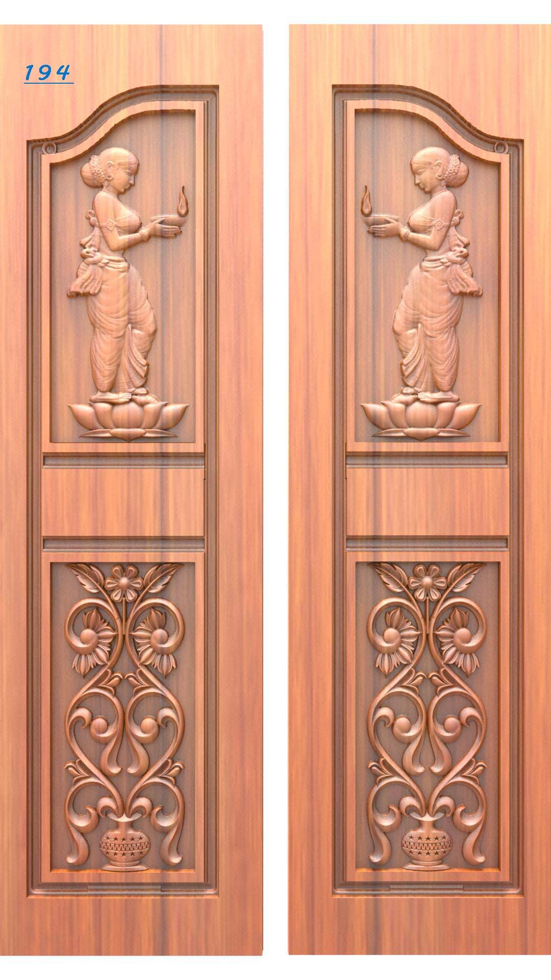 DOUBLE DOOR - D-09 Traditional Indian Lady Holding Diya Carved Wood Design