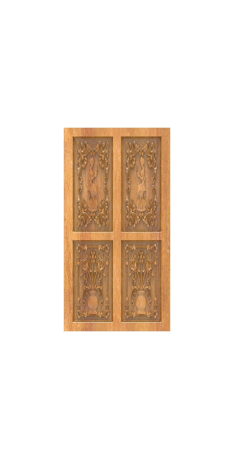 DOUBLE DOOR - 120 Elegant Floral Artistry Carved Wood Panel 3D Model