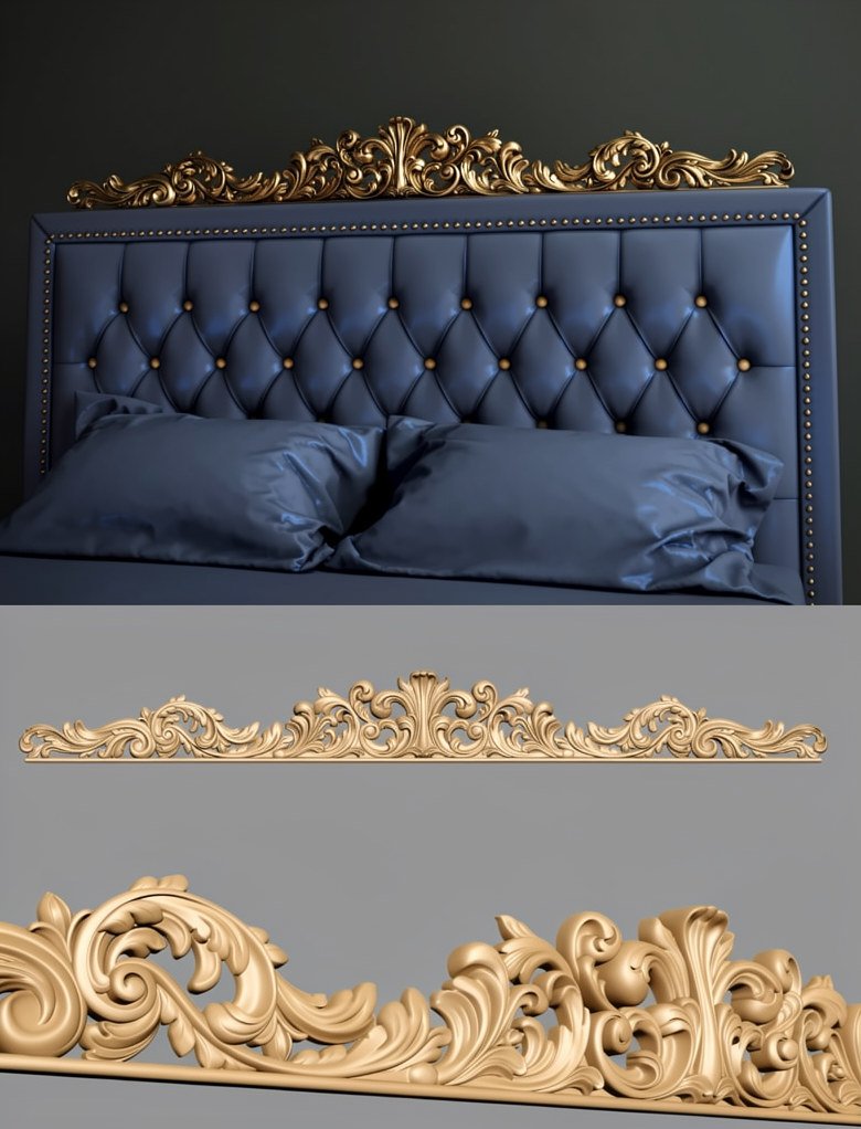 Luxury Bed Designs - A-1200 Ornate Rococo Headboard Crest 3D Relief Model