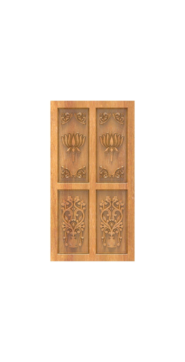 DOUBLE DOOR - 121 Lotus and Floral Motif Traditional Carved Wood Door 3D Model