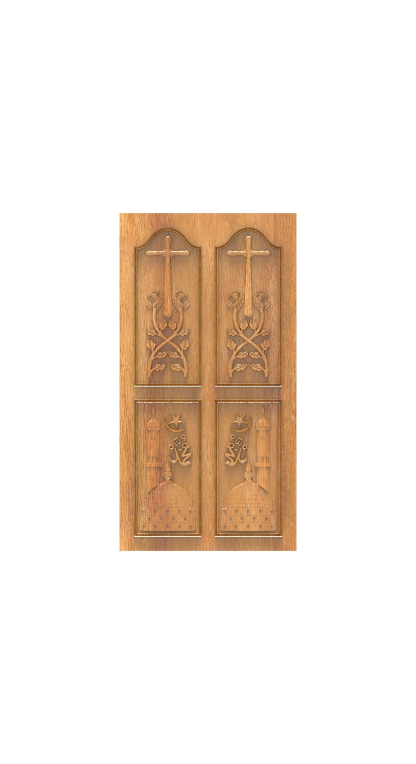DOUBLE DOOR - 173 Interfaith Unity Religious Motif Carved Wood Design 3D Model