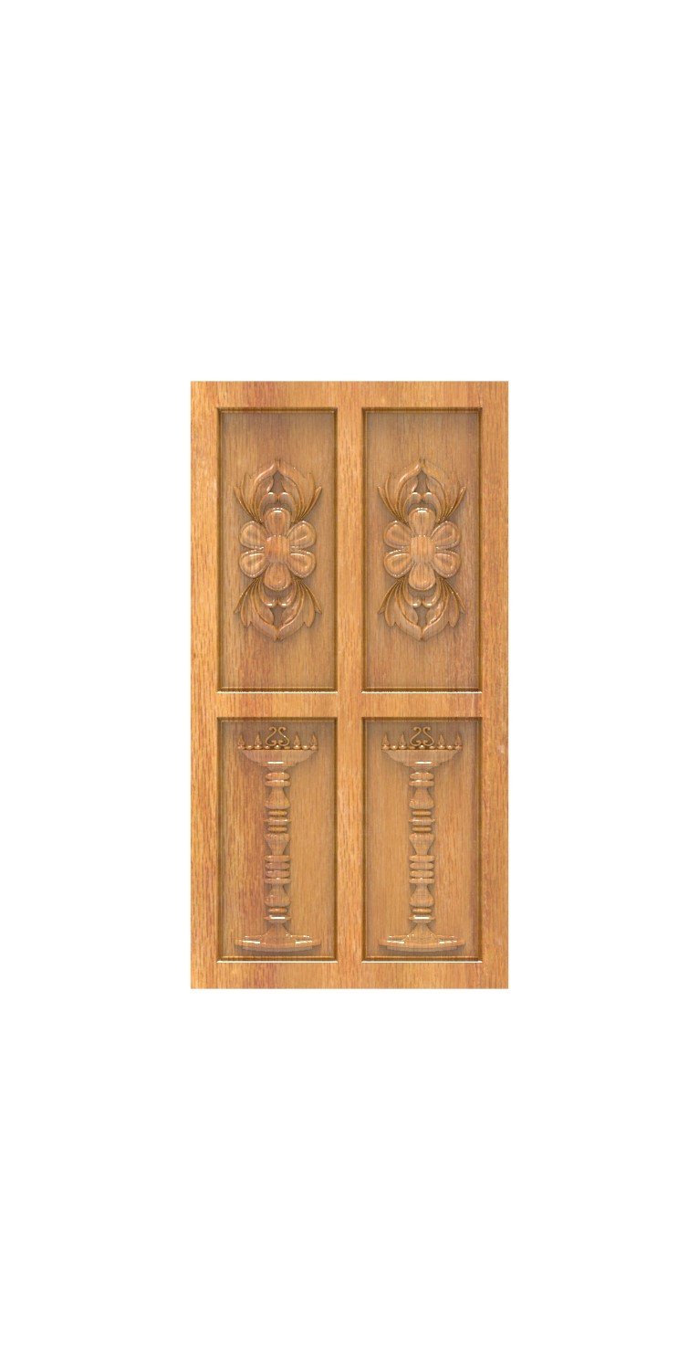 DOUBLE DOOR - 103 Traditional Diya and Floral Carved Wooden Panel 3D Model