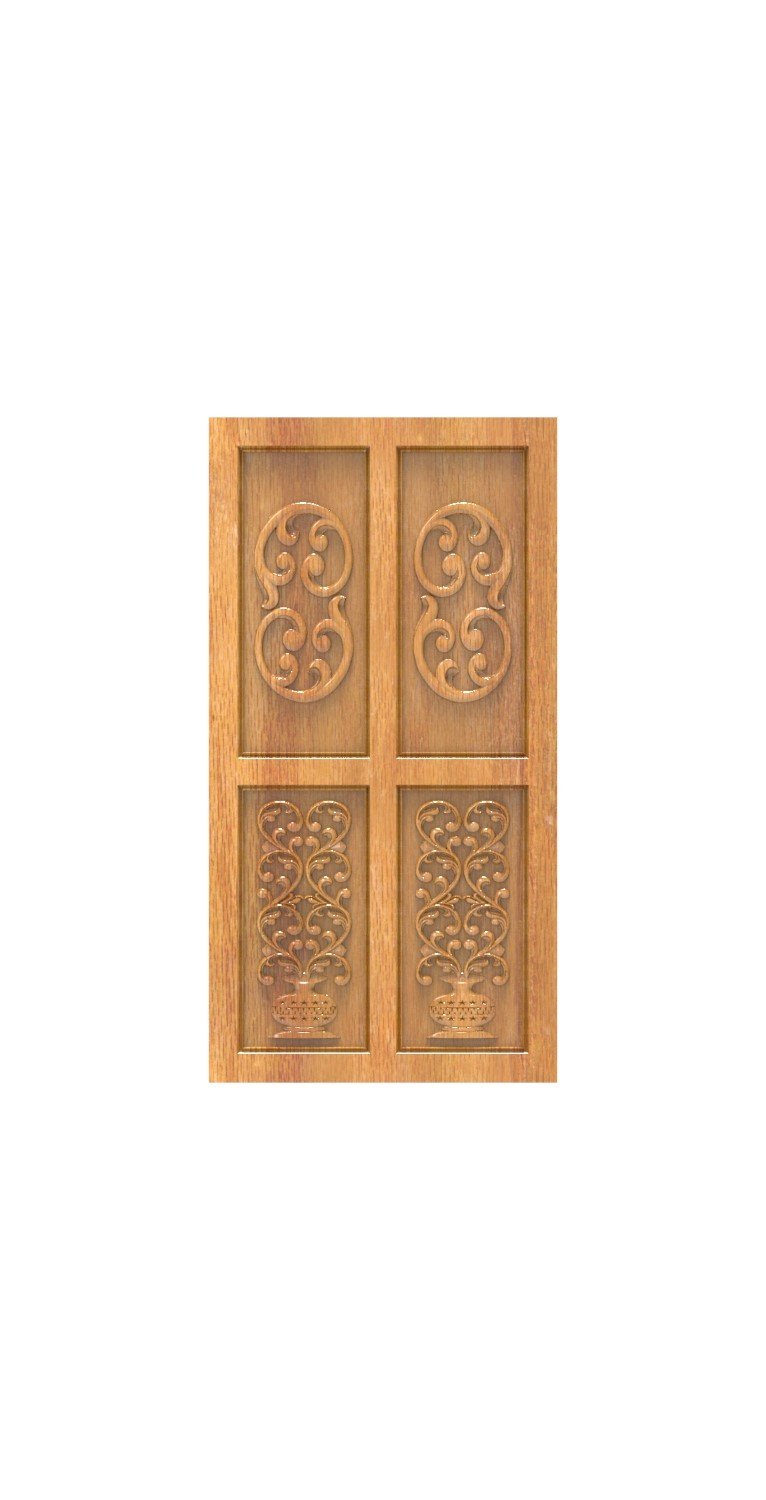 DOUBLE DOOR - 107 Traditional Floral Vase and Scrollwork Carved Wood Door 3D Model