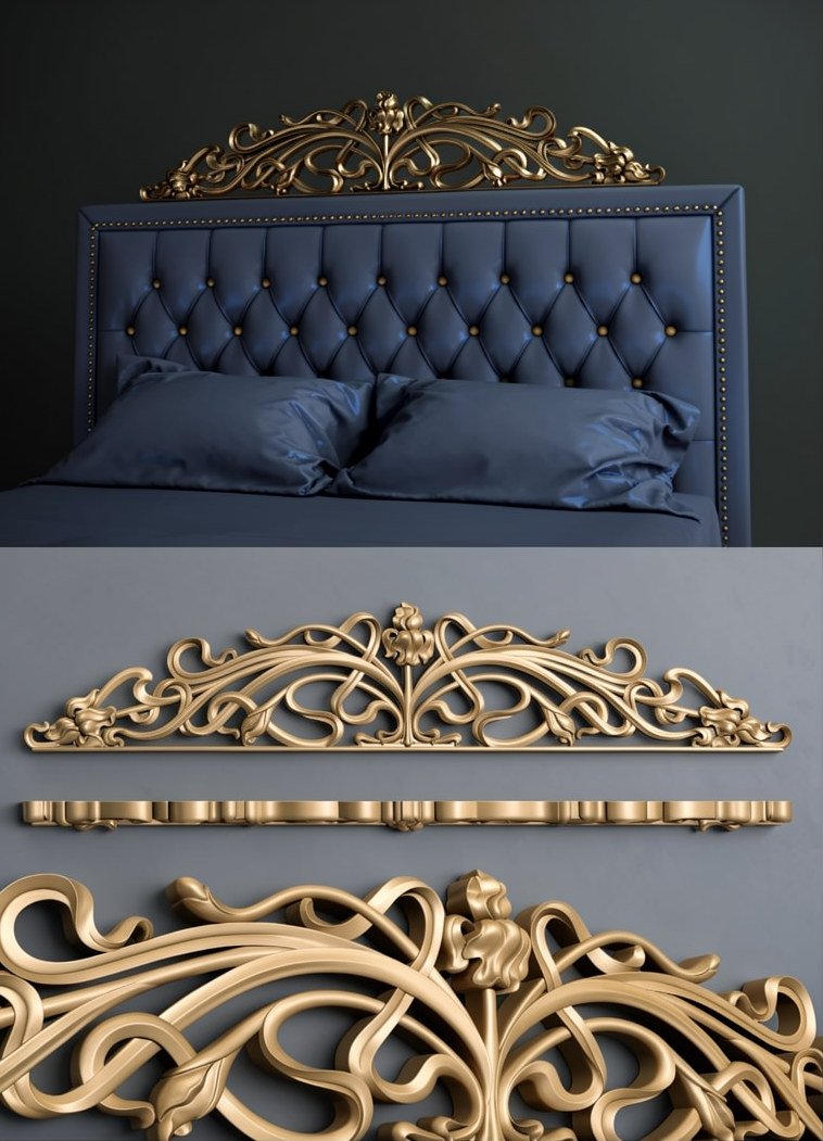 Luxury Bed Designs - A-1214 Ornate Baroque Headboard Crown 3D Relief Model