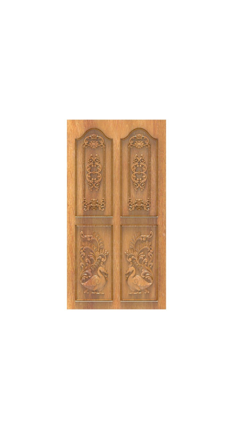 DOUBLE DOOR - 170 Elegant Peacock and Floral Motif Carved Wood Panel 3D Model