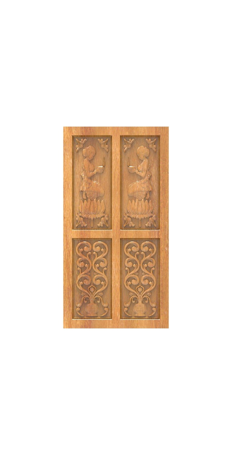 DOUBLE DOOR - 91 Traditional Indian Lady Floral Carved 3D Relief Model