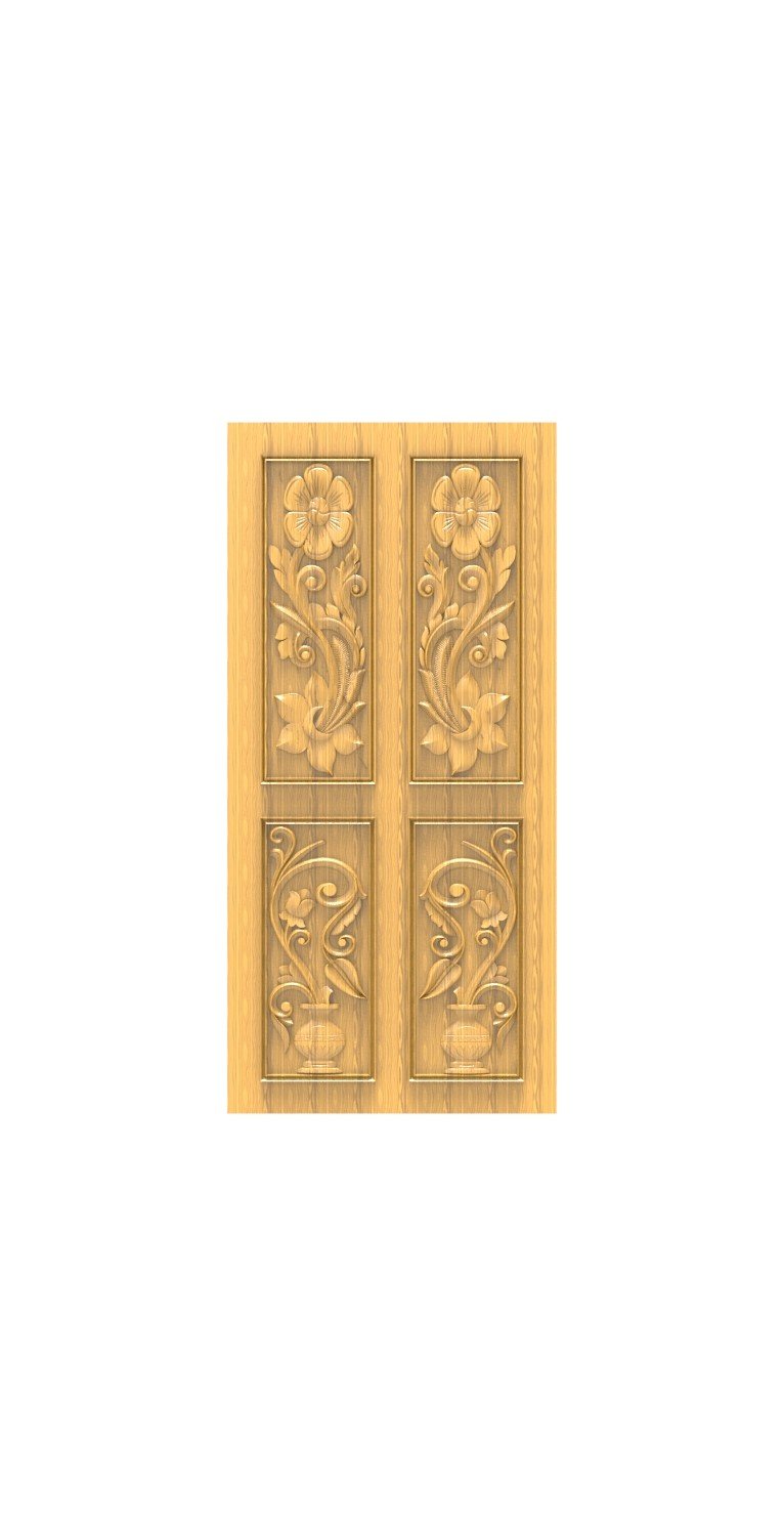 DOUBLE DOOR - 27 Elegant Floral Vase Relief Carved Wooden Panel 3D Model