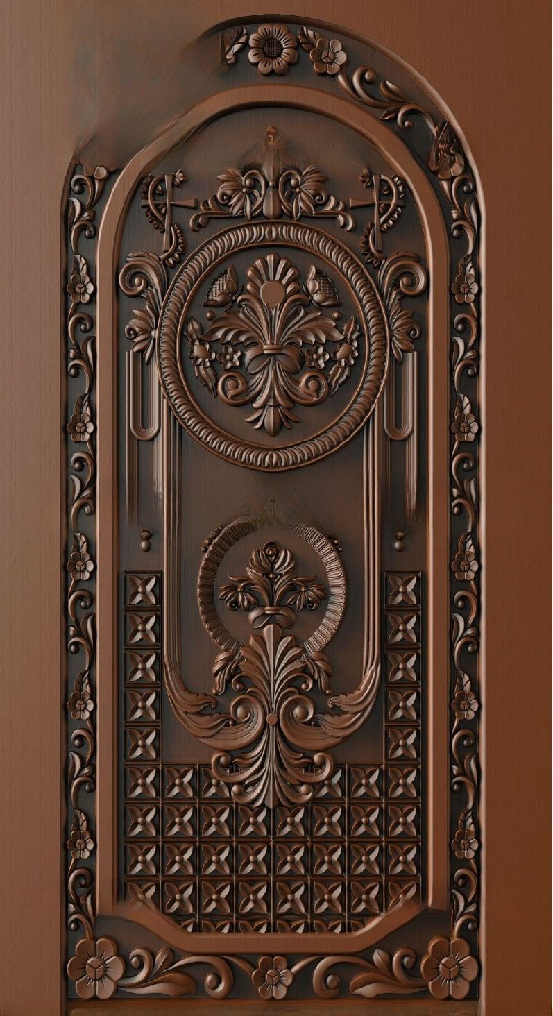 Doors - 24 Classical Floral Motif Arch Carved Wood Door 3D Model